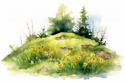 Akvarelová malba kopce s trávou a květinami