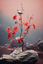 Pták na stromě s květy