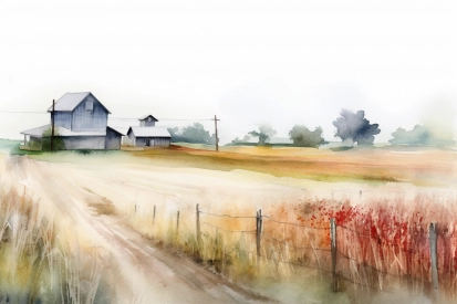 Akvarel farmy s plotem a domem