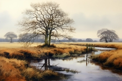 Akvarelová malba řeky se stromem a trávou