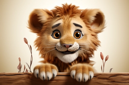 kreslený lev držící dřevěnou desku