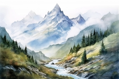 Akvarel řeky protékající údolím se stromy a horami