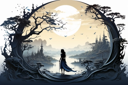 žena stojí v lese a dívá se na měsíc.