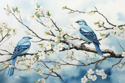 pár modrých ptáků na větvi stromu s bílými květy
