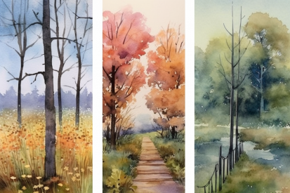 Skupina akvarelových maleb stromů