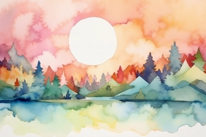 Akvarelová malba krajiny se stromy a sluncem