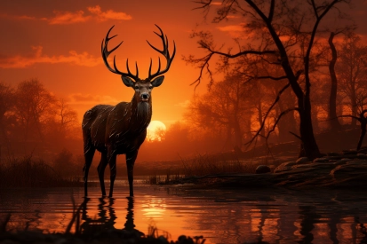 jelen stojící ve vodě se stromy a západem slunce