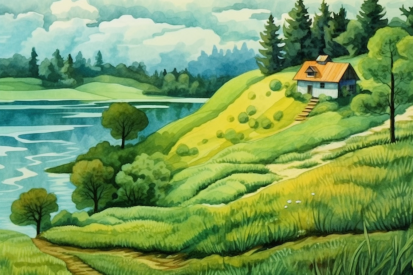 Obraz domu na kopci se stromy a jezerem
