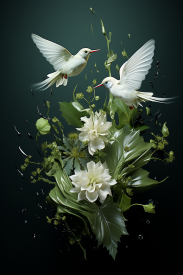 Pár bílých ptáků letících vedle bílých květů