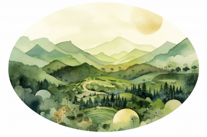 Akvarelová malba krajiny se stromy a horami