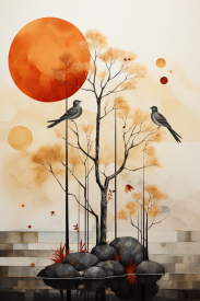 Strom s ptáky a oranžovým sluncem