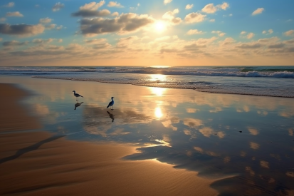 Ptáci na pláži s vodou a mraky