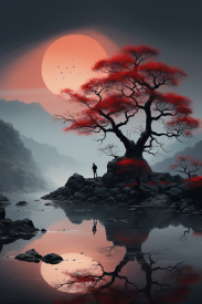 Strom s červenými listy na skalách a vodní plocha s velkým měsícem.
