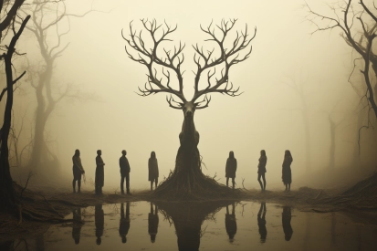 skupina lidí stojící před stromem s jelení hlavou