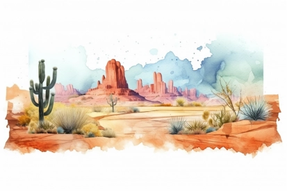Akvarel pouštní krajiny s kaktusy a kameny
