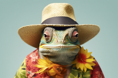 Chameleon v klobouku a košili