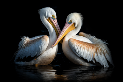 Dva bílí ptáci se žlutými zobáky ve vodě