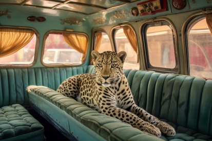 Leopard sedící v autě