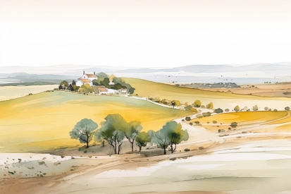 Akvarelová malba krajiny s domem a stromy