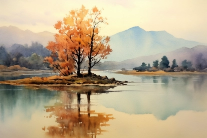 Akvarelová malba stromu na ostrově v jezeře