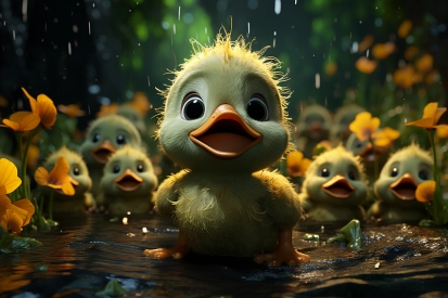 skupina žlutých kachniček v dešti