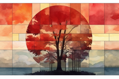 Strom s červenými listy před sluncem
