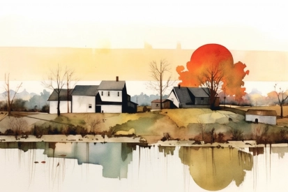 Akvarelová malba domů a stromů