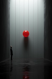 Muž stojící v tmavé místnosti s červenou koulí.