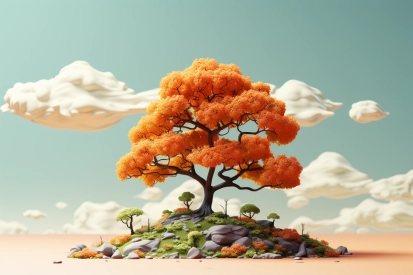 Strom s oranžovými listy na skalnatém kopci