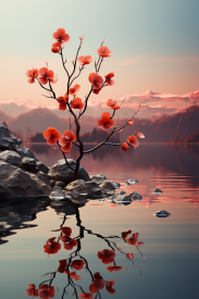 Strom s červenými květy na skále ve vodě