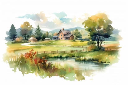 Akvarel domu a rybníka