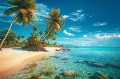 Pláž s palmami a modrou vodou
