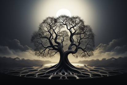Strom s kořeny a měsícem v pozadí