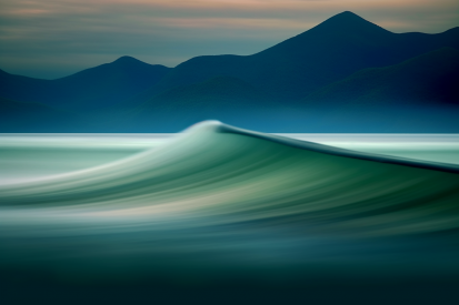 Vlna v oceánu s horami v pozadí