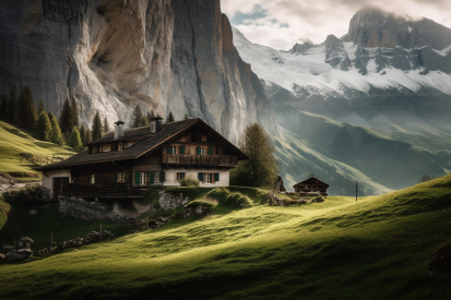 Dům v údolí s horami v pozadí
