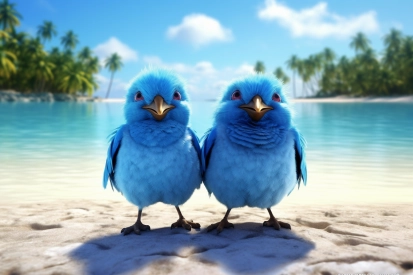 Dva modří ptáci stojící na pláži