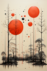 Obraz stromů a červených kruhů
