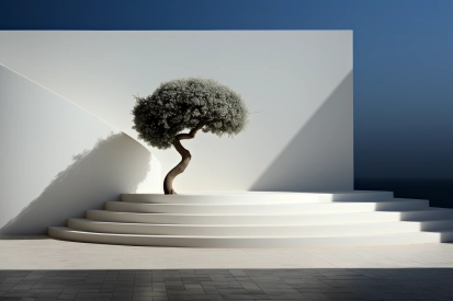 Strom vyrůstající z bílé zdi