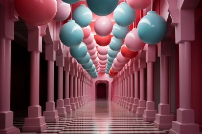 dlouhá chodba s růžovými a modrými balónky u stropu.