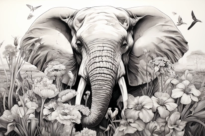 slon s kly v květinovém poli
