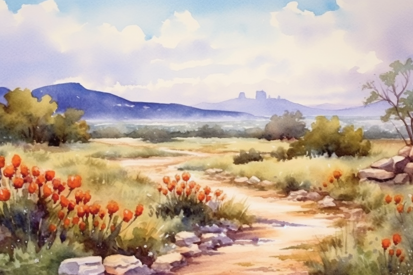 Akvarelová malba polní cesty s květinami a horami v pozadí