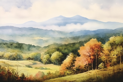 Akvarelová malba krajiny se stromy a horami