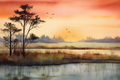 Akvarelová malba stromu a vodní plochy