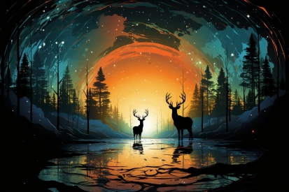 dva jeleni stojící v jezeře se stromy a západem slunce