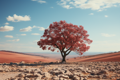 Strom s červenými listy ve skalnaté krajině