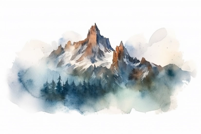 Akvarel hory se stromy a mraky