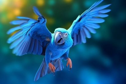 Modrý papoušek létající ve vzduchu