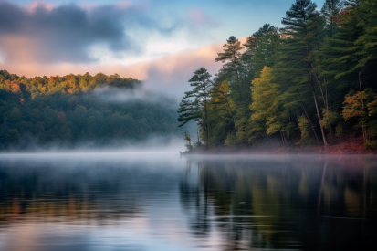 Jezero se stromy a mlhou