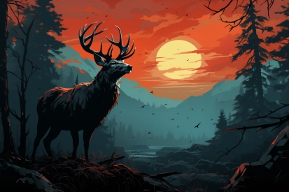 jelen s parohy stojící na kopci se západem slunce v pozadí