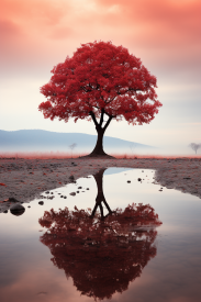 Strom s červenými listy v louži